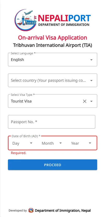 First screen of the Visa on arrival form