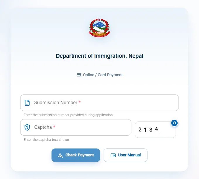 Card Payment page of the portal